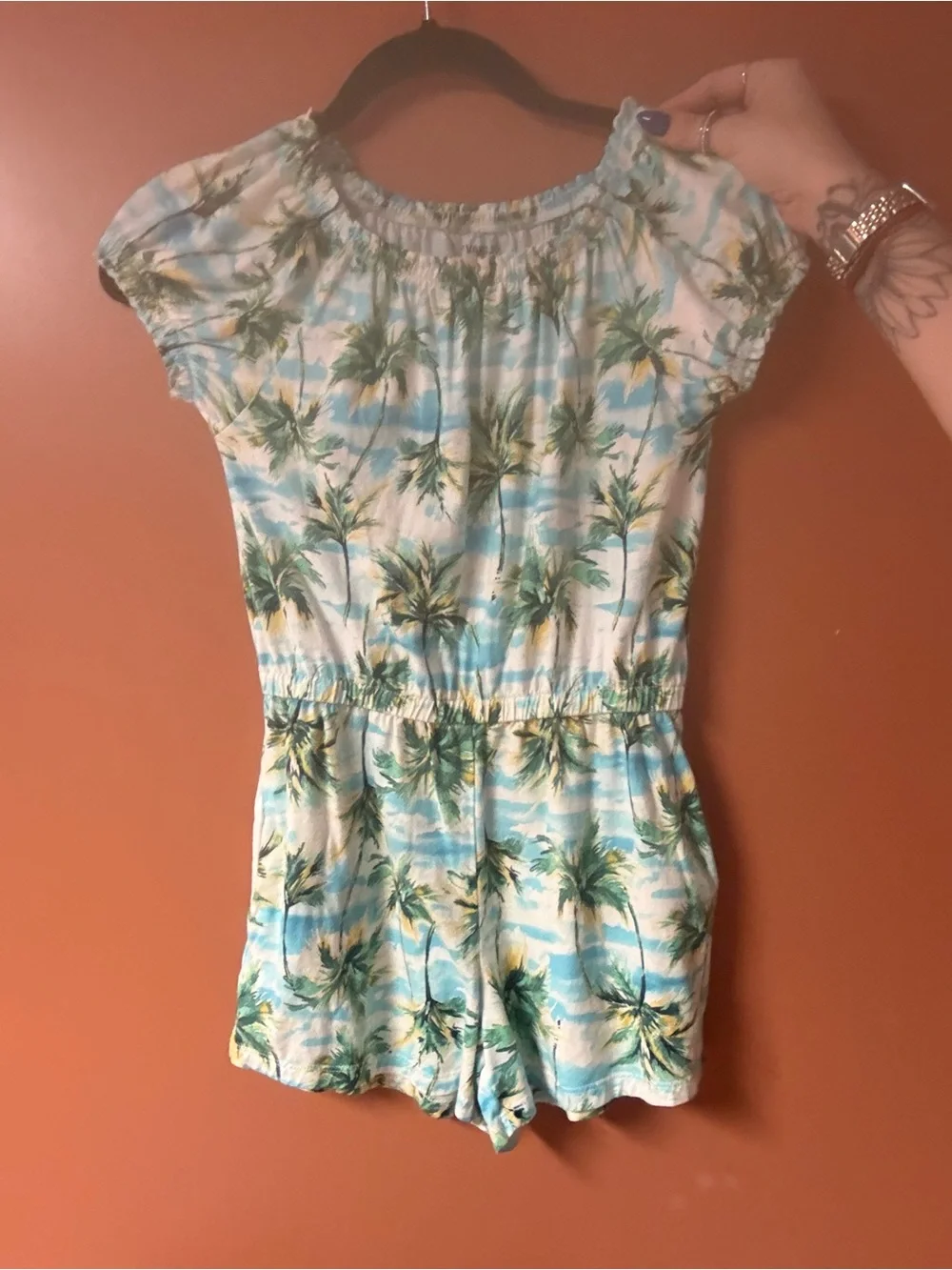 Old Navy Girls Palm-Print Romper in Aqua and Green